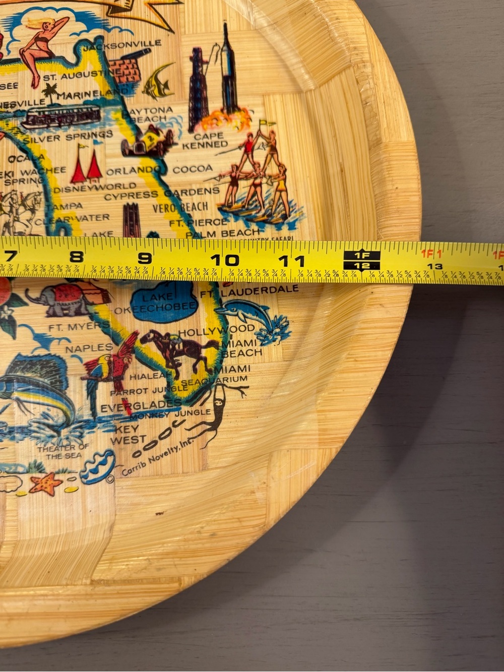 Vintage Florida Map Landmark Bamboo Tray 13" Round Souvenir Serving Platter - Picture 5 of 5